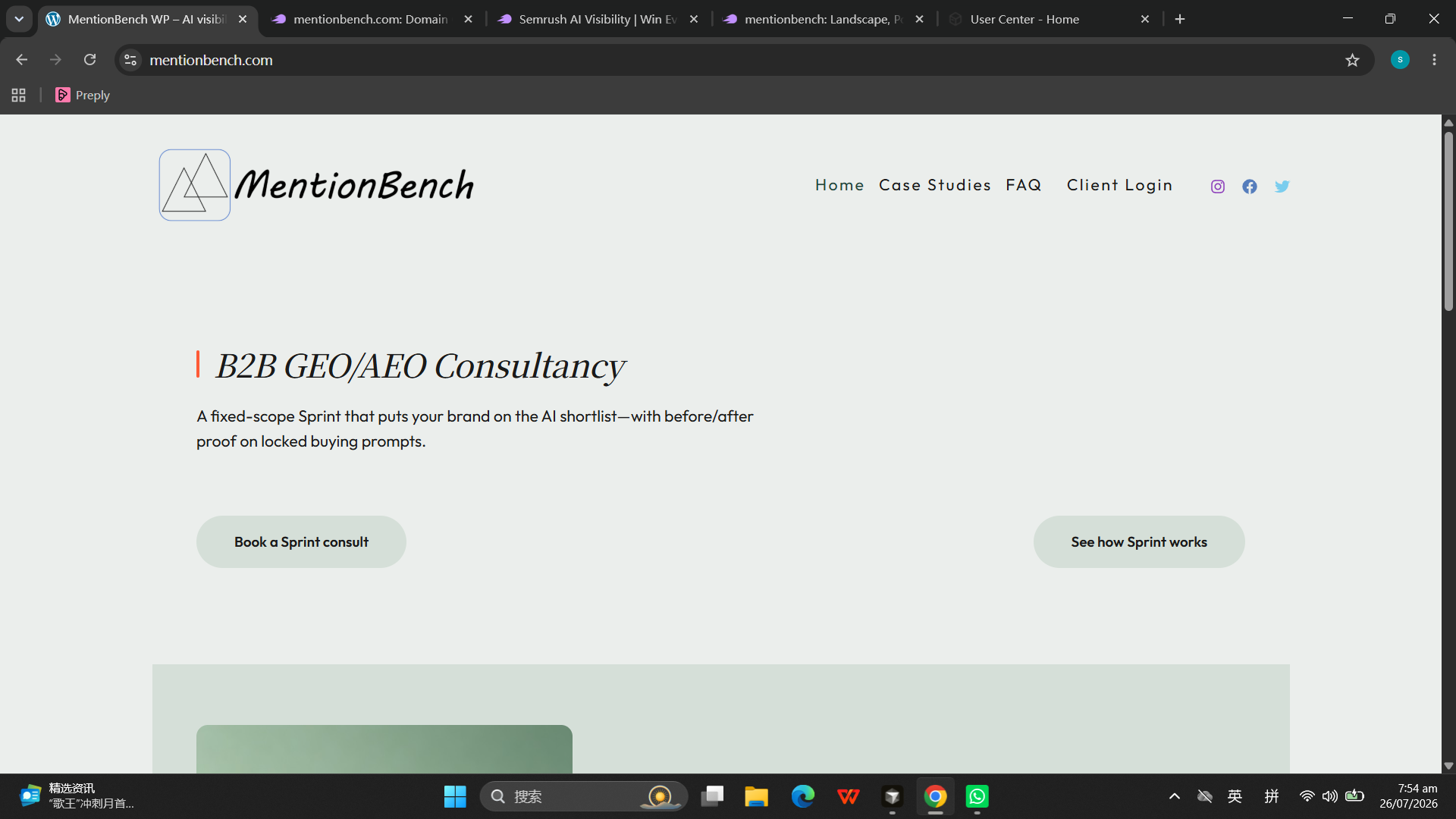 MentionBench homepage, 26 July 2026 — Sprint-framed CTAs (before)