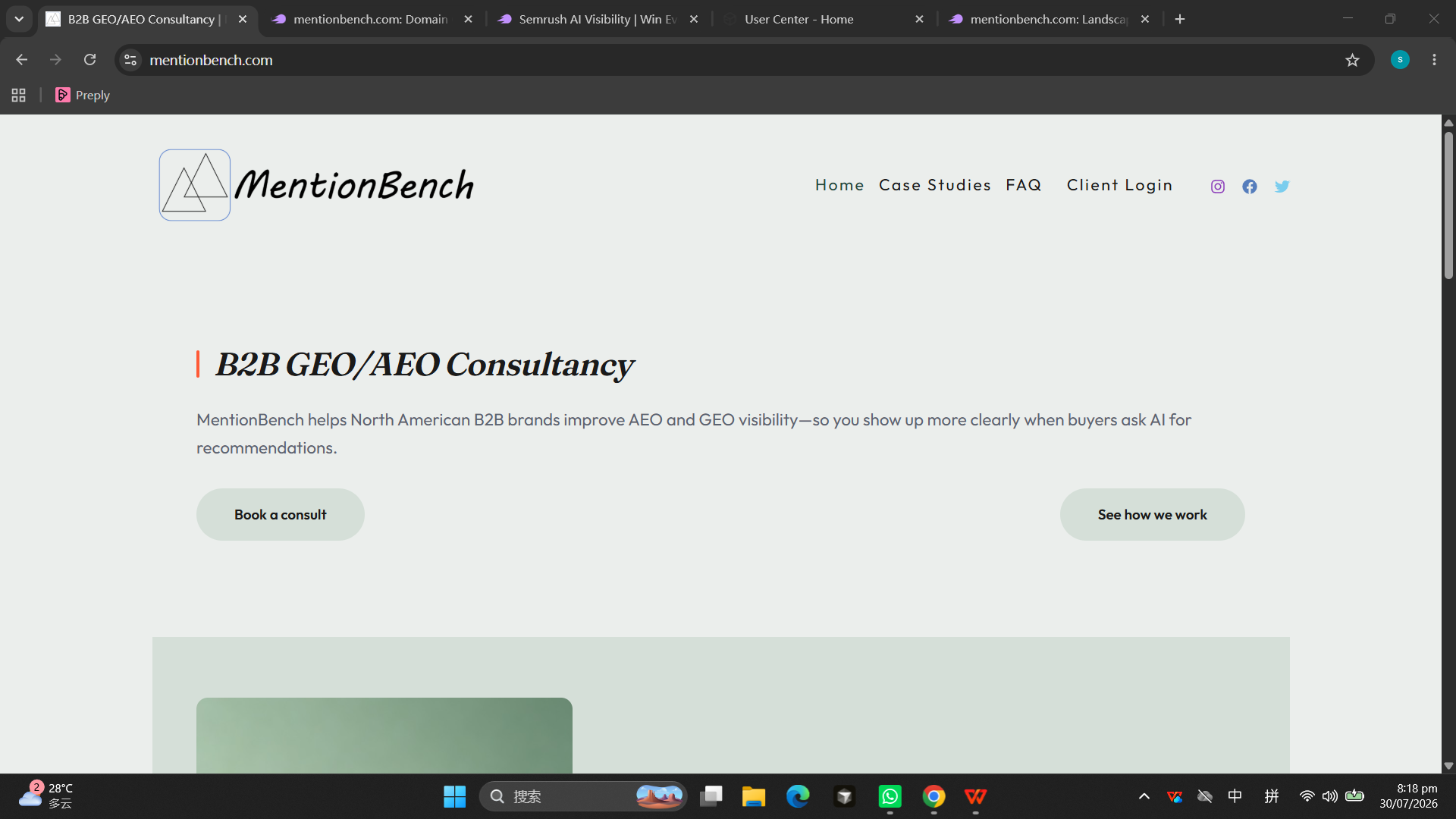 MentionBench homepage, 30 July 2026 — consult CTAs without Sprint sell language (after)